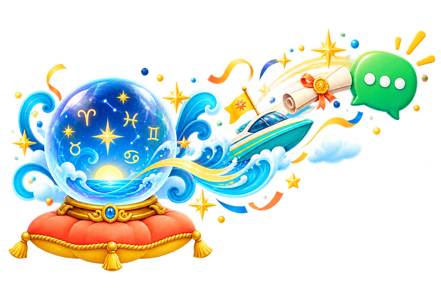 水晶玉からLINEへ予想が届く様子を描いたイラスト